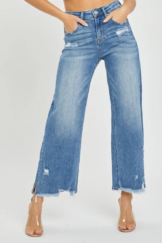 Risen High Rise Side Slit Raw Hem Cropped Jeans Chic Ripped Jeans
