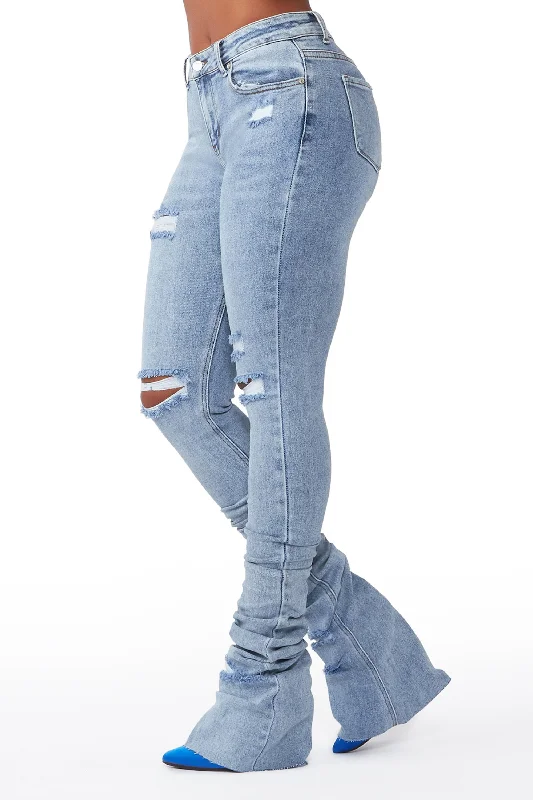Playing Games Light Wash Distressed Super Stacked Jean Stylish Slim Fit Denim