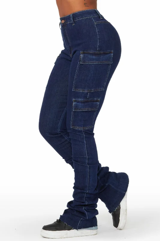 Vixen Dark Wash Cargo Super Stacked Jean Trendy Flared Leg Jeans