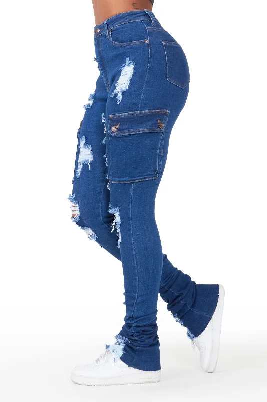 Pippen Dark Wash Cargo Super Stacked Jean Trendy Paperbag Waist Jeans