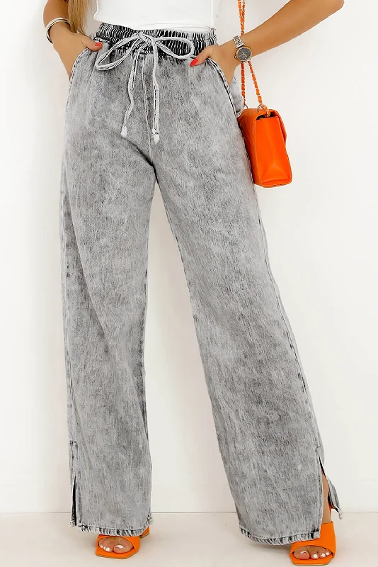 Slit Drawstring Jeans with Pockets Comfortable Distressed Straight-Leg Jeans