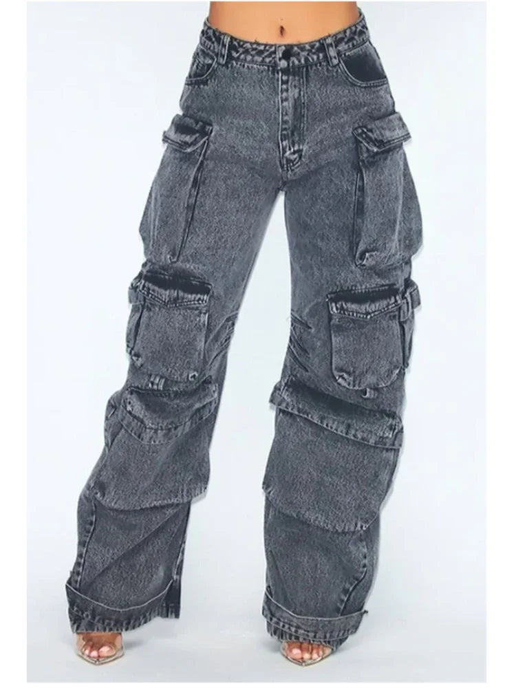 Solid Color Multi-pocket Loose Jeans Women's High Street Retro Hip-hop Wide-leg Pants Comfortable Stretch Denim Jeans Solid Color Multi-pocket Loose Jeans Women's High Street Retro Hip-hop Wide-leg Pants Comfortable Stretch Denim Jeans
