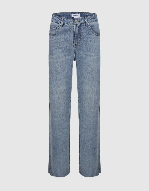Split Hem Straight Jeans Comfortable Boyfriend Jeans