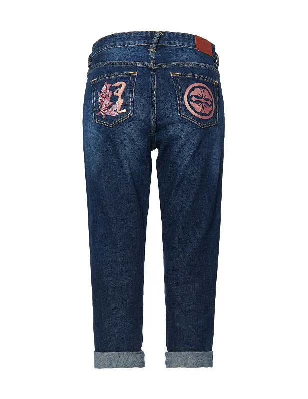 Straight-leg Denim Jeans with Kamon and Kanji Printed Pockets Elegant Skinny Leg Jeans