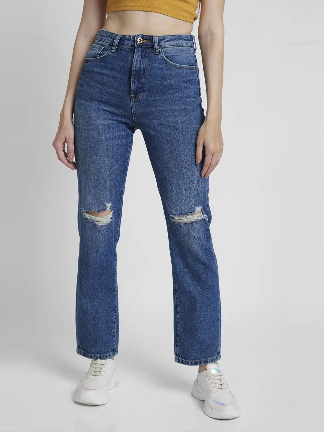 Spykar Women Mid Blue Cotton Straight Fit Regular Length Low Distressed Jeans -(Bella) Elegant Skinny Leg Jeans