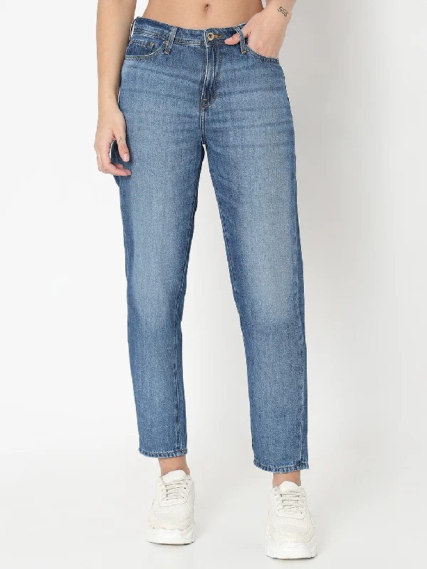 Spykar Women Cotton Mom Fit Mid Rise Jeans Trendy Paperbag Waist Jeans