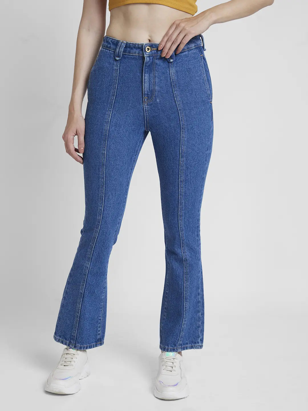 Spykar Women Mid Blue Lycra Bootcut Fit Ankle Length Clean Look Jeans -(Elissa) Fashionable Relaxed Fit Denim