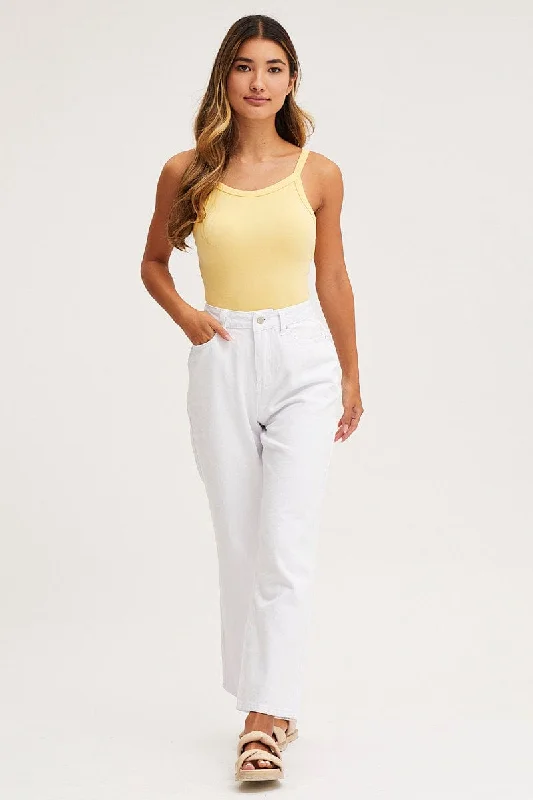 White Wide Leg Denim Jeans High Rise Comfortable Distressed Straight-Leg Jeans
