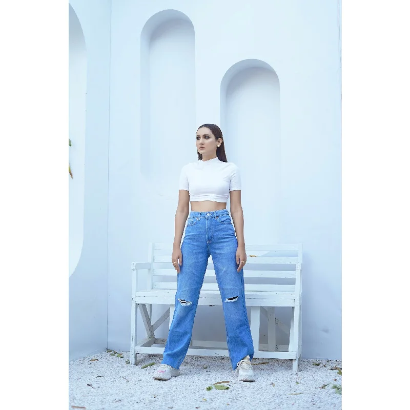 FF Blue Straight Ripped Jeans Cozy Tencel Blend Denim Jeans