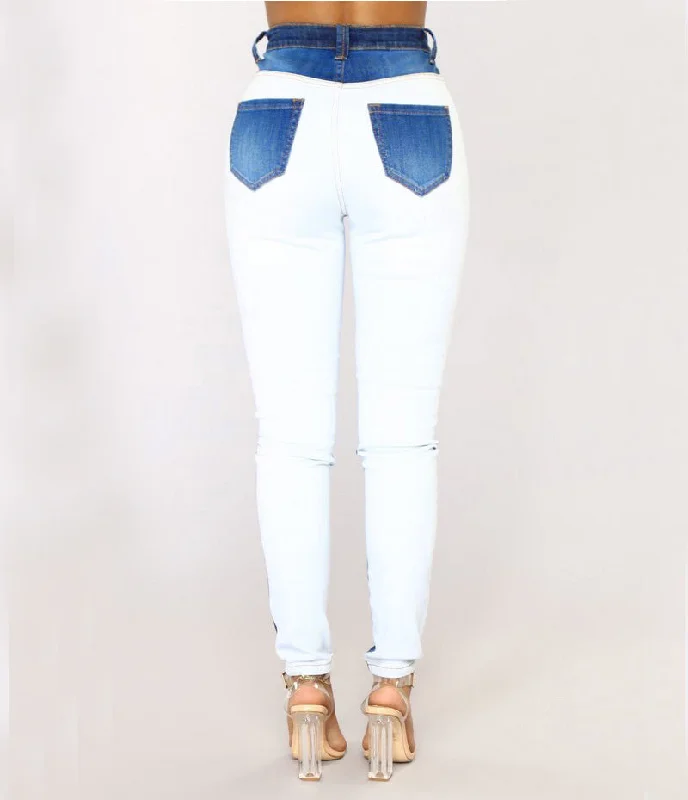Women Patchwork Jeans Trendy Skinny High-Waist Jeans