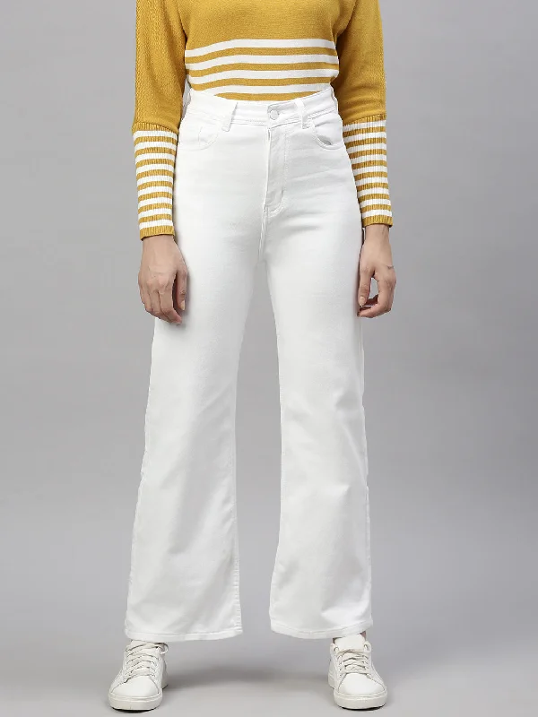 Women White Wide Leg Jeans-GZ-5972-White Stylish Stone-Wash Denim Jeans