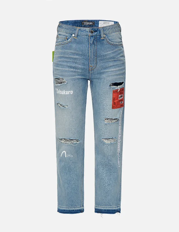 Woven Label Ripped Relaxed Fit Jeans Stylish High-Waisted Denim
