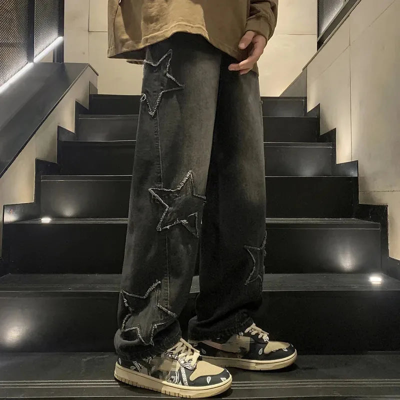 Vintage Streetwear Jeans Women Harajuku Star Aesthetic Wide Leg Denim Trousers Casual High-Waisted Bootcut Jeans