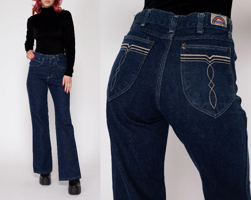 XS 70s Wrangler Dark Wash Rainbow Tag Flared Jeans Comfortable Jogger Style Jeans