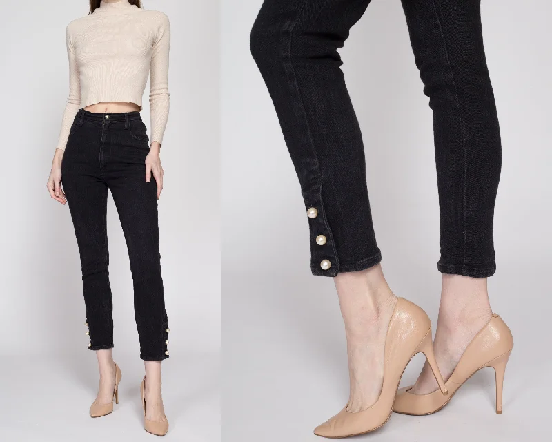 XS 80s Black Ankle Button Skinny Jeans 24"-26" Fashionable Raw Hem Bootcut Jeans