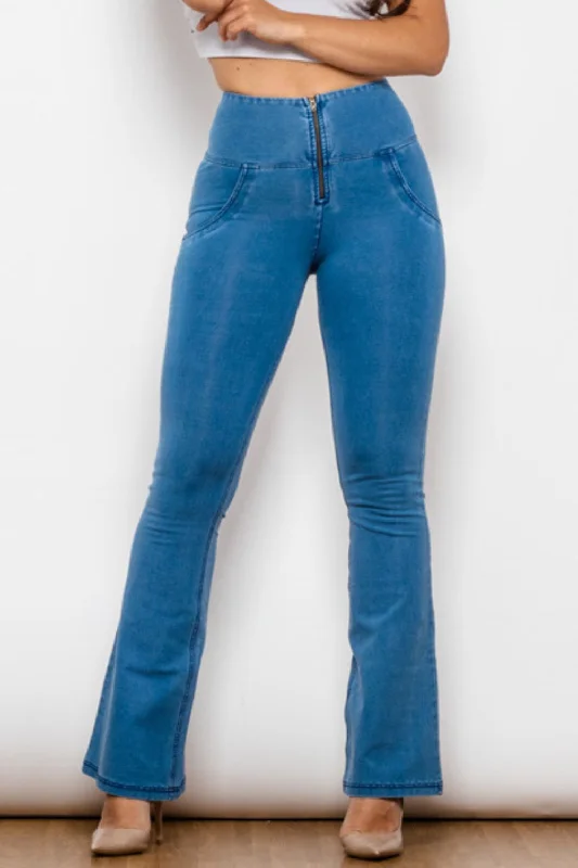 Zip-Up Wide Waistband Long Jeans Trendy Pleated Waist Jeans