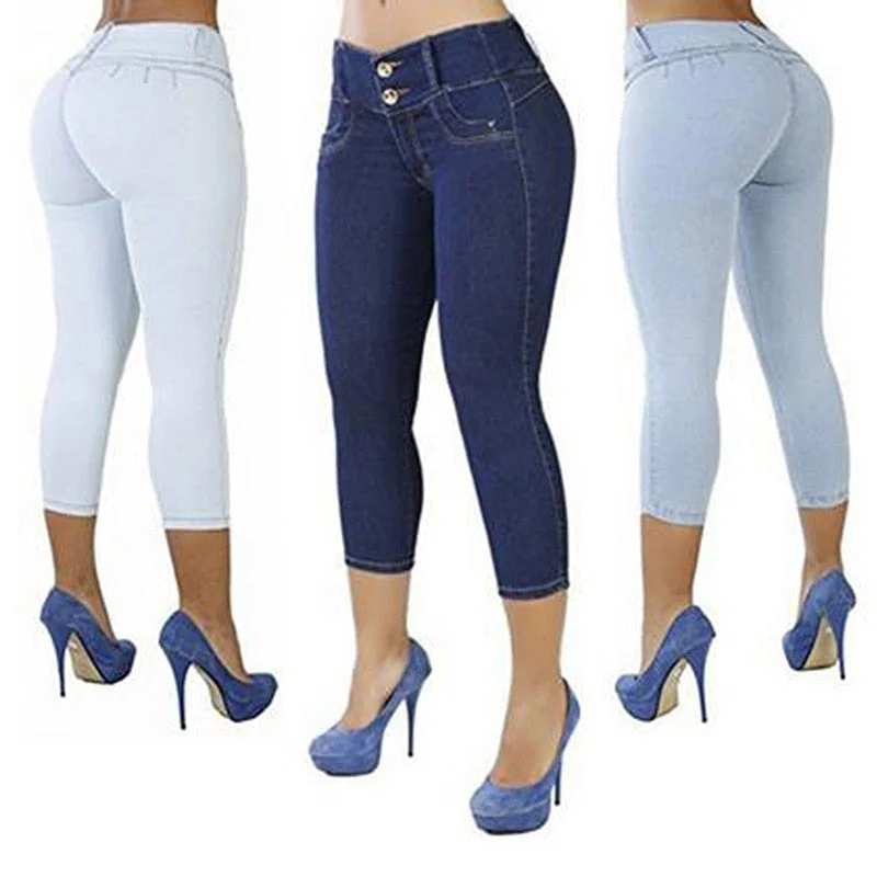 Women Casual Cropped Pants Solid Color Button Fly Waist Slim High-Waist Jeans