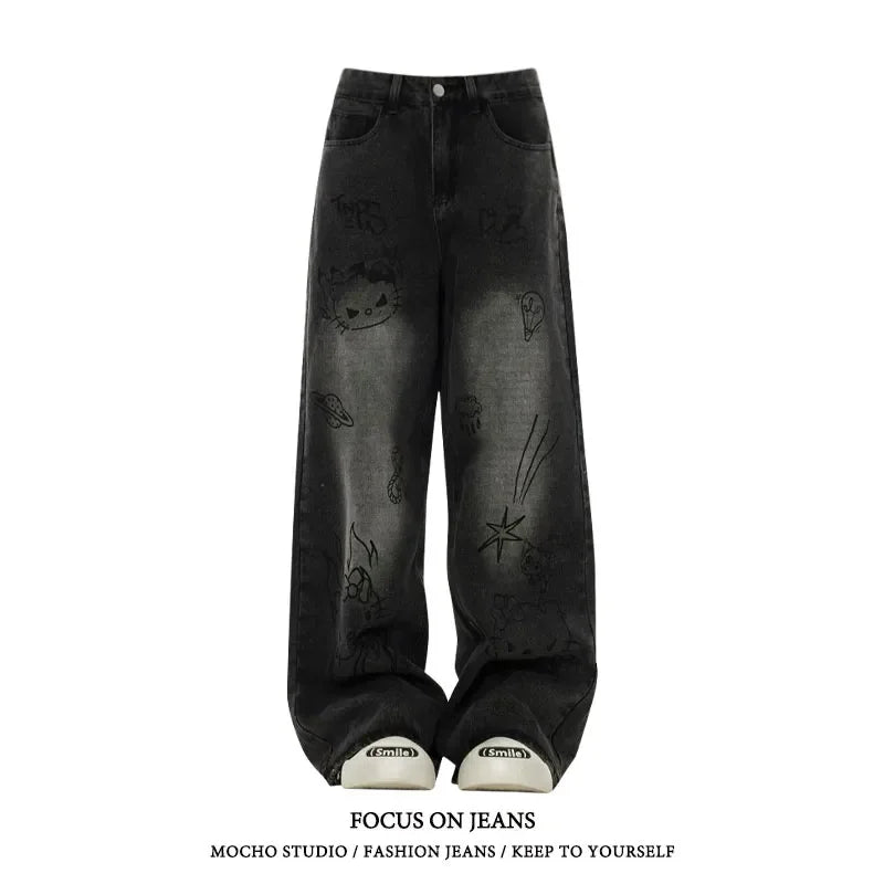 American Black High Street Casual Cartoon Print Wide Leg Pants for Women Elegant Silk Pants American Black High Street Casual Cartoon Print Wide Leg Pants for Women Elegant Silk Pants
