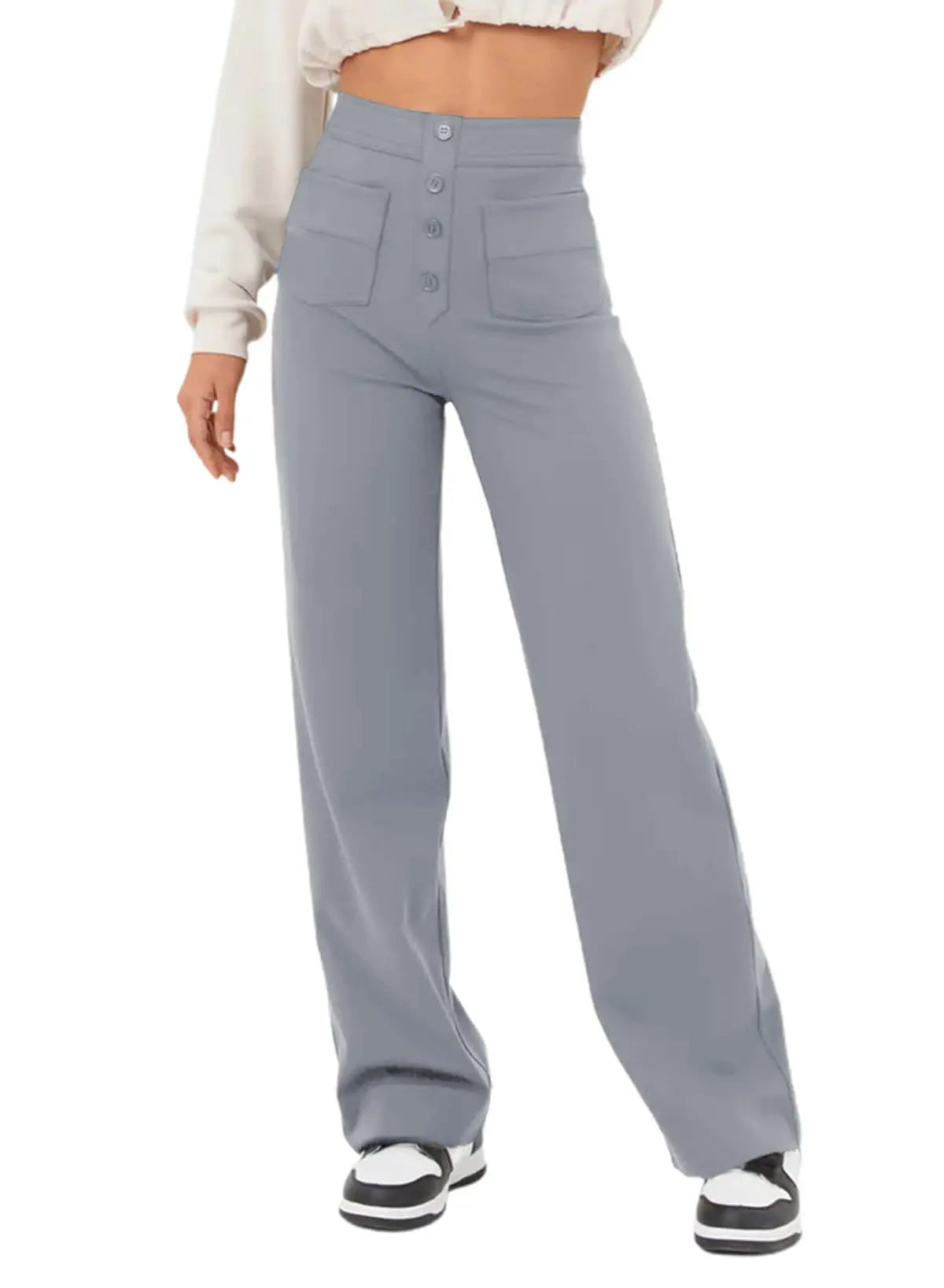 2024 Spring Autumn Women Multiple Button Pocket Straight Leg Pants Relaxed High-Waist Trousers 2024 Spring Autumn Women Multiple Button Pocket Straight Leg Pants Relaxed High-Waist Trousers