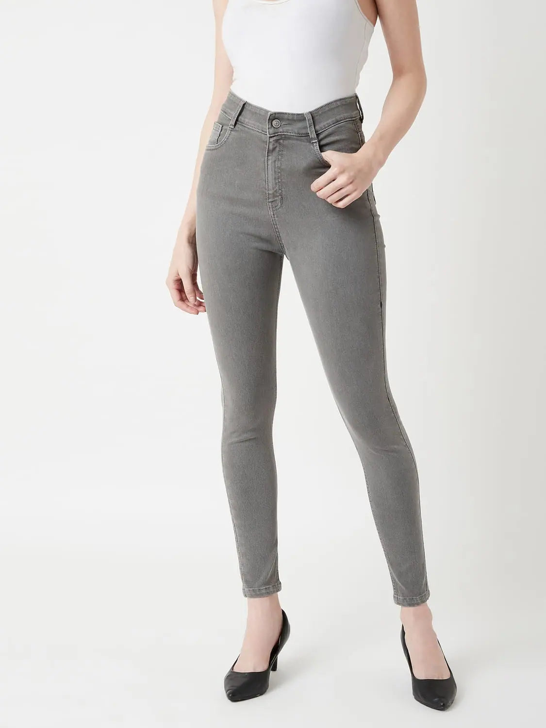 Cotton Down To The Earth Denim Pant Grey Trendy Printed Pants