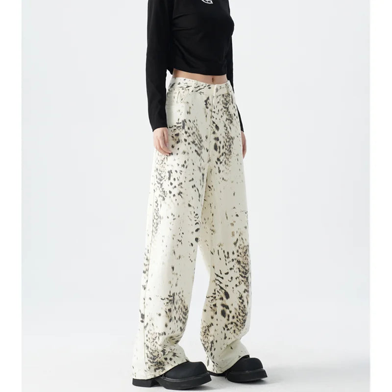 American Retro High Street Casual Leopard Print Loose Wide Leg Pants for Women Modern Bootcut Pants American Retro High Street Casual Leopard Print Loose Wide Leg Pants for Women Modern Bootcut Pants