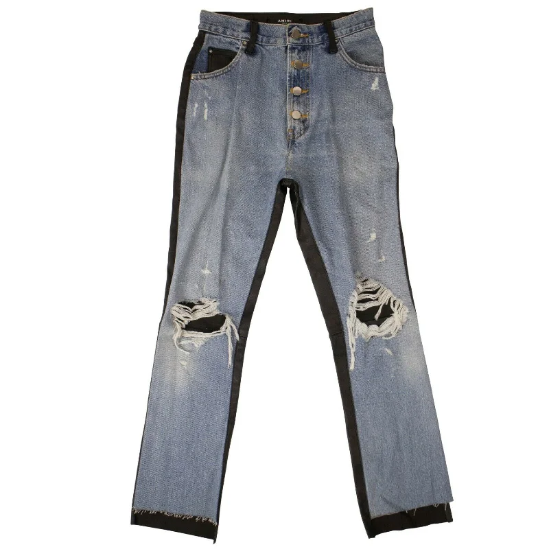 AMIRI Blue Denim Black Leather Pants Cozy Jogger Leggings