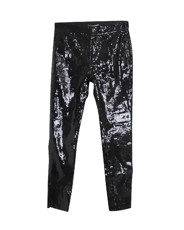 Saint Laurent Sequined Straight Pants in Black Cotton Casual Skinny Fit Pants