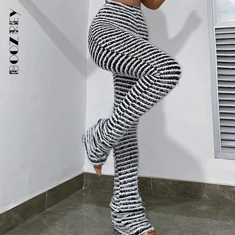 Black and White Knitted Pants Women Bottoms Casual Skinny Fit Pants