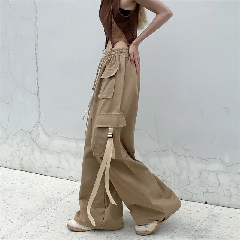 Cotton High Street Cargo Pants for Women Men with Ribbon High Waist Wide Trendy Wide-Legged Trousers Cotton High Street Cargo Pants for Women Men with Ribbon High Waist Wide Trendy Wide-Legged Trousers