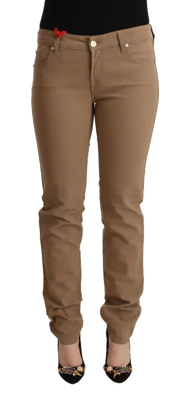 Elegant Brown Mid Waist Skinny Pants Relaxed High-Waist Trousers