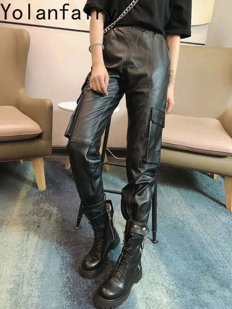 Genuine Leather Women's Pants Spring Autumn Streetwear Women Leisure Casual Plaid Pants