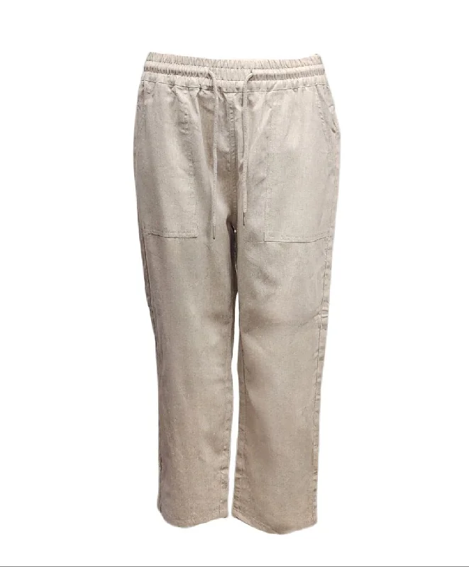 HoodLamb Women's Khaki Drawstring Crop Straight Hemp Pants 420 Medium NWT Comfortable Jogger Trousers