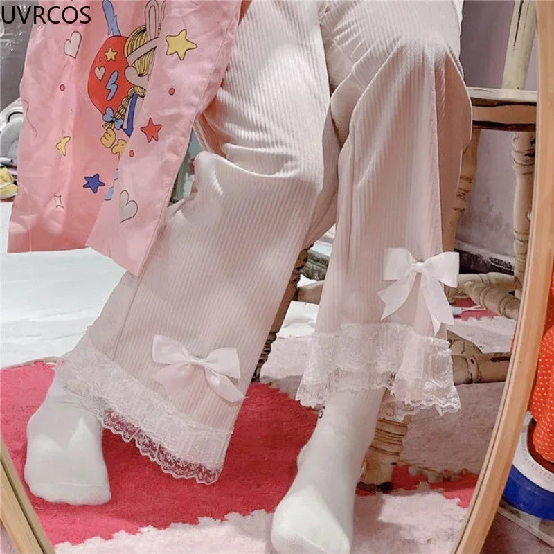 Women's Kawaii High Waist Corduroy Pants Sweet Bow Lace Casual Track Pants