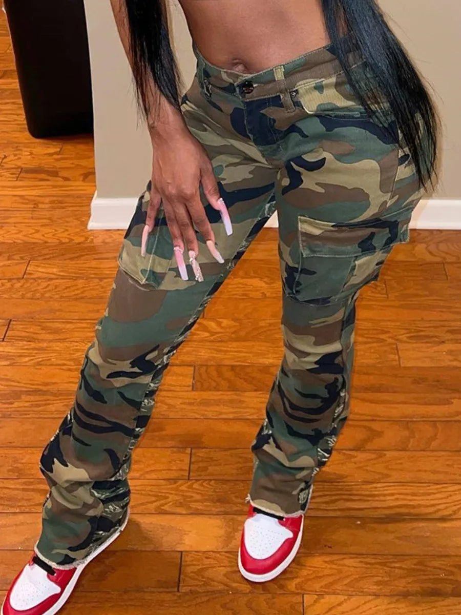 LW High Waist Camo Multicolor Cargo Pants Street Casual Side Pocket Camouflage Chic Capri Pants LW High Waist Camo Multicolor Cargo Pants Street Casual Side Pocket Camouflage Chic Capri Pants