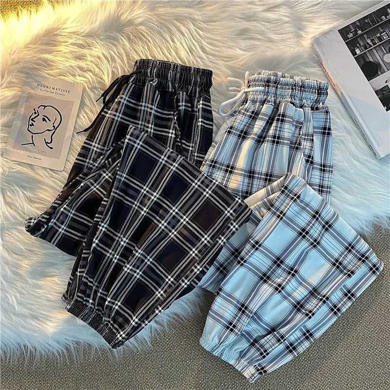 Pants Women Bunch of feet Fashion Loose Black Plaid Summer Lightweight Linen Pants
