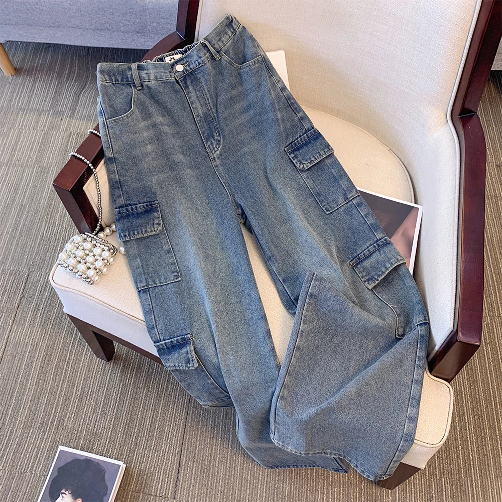 Plus size women's fall casual denim pants Blue washed denim  cargo pants Formal Slim Pants