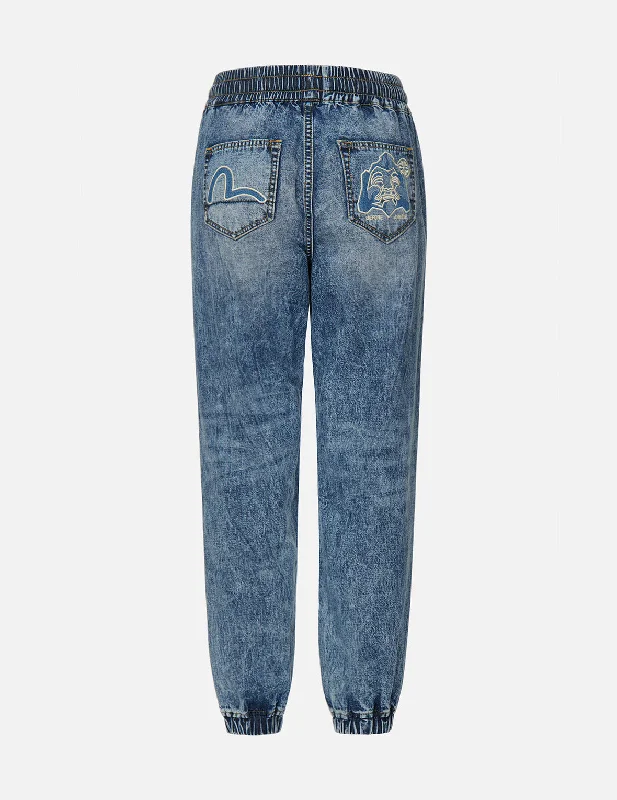 Seagull and Godhead Denim Appliqué Denim Jogger Pants Trendy Velvet Pants