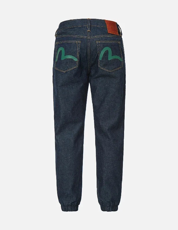 Seagull Print Denim Jogger Pants Comfy Zip-Up Pants
