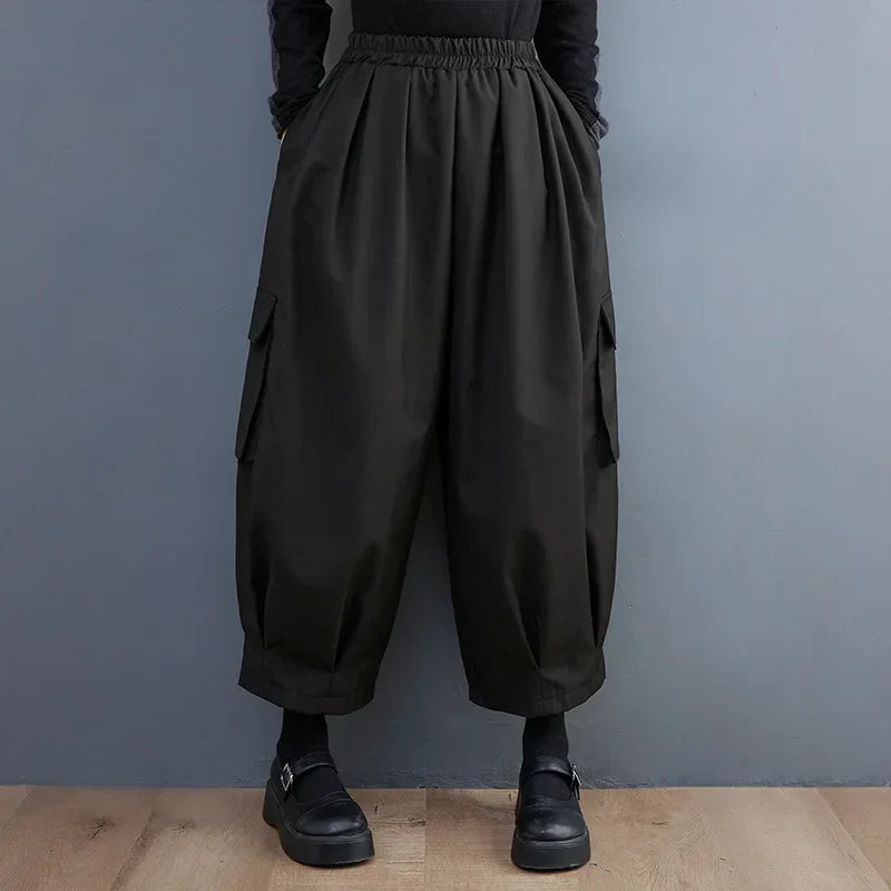 Black Vintage High Elastic Waist Oversized Cargo Pants Women Sleek Black Pants