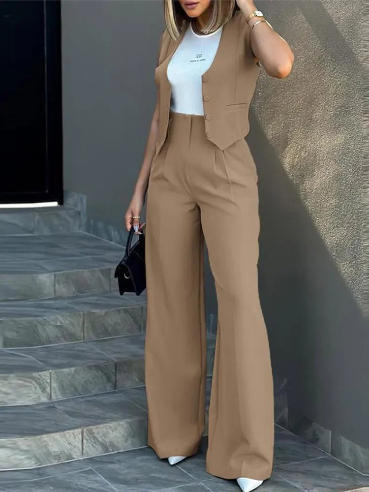 Stylish Women Commuting Vest Tops High Waist Wide Leg Pants Comfy High-Waist Jeans