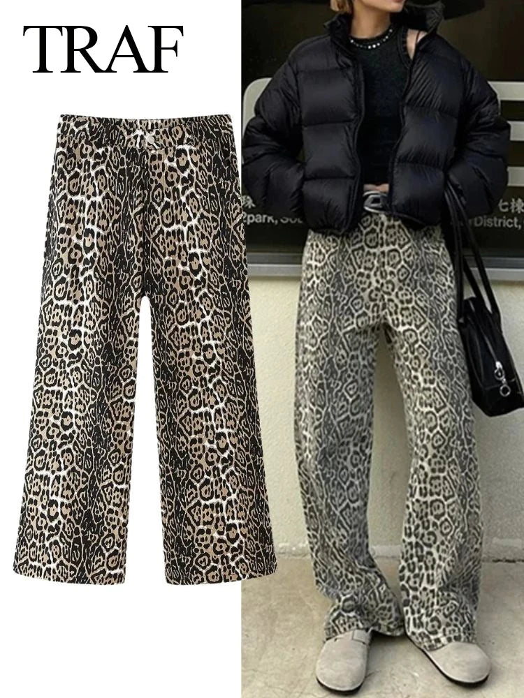 Women Vintage Leopard Wash Denim Pant 2024 Spring Hip Hop Loose Trendy High-Waist Trousers Women Vintage Leopard Wash Denim Pant 2024 Spring Hip Hop Loose Trendy High-Waist Trousers
