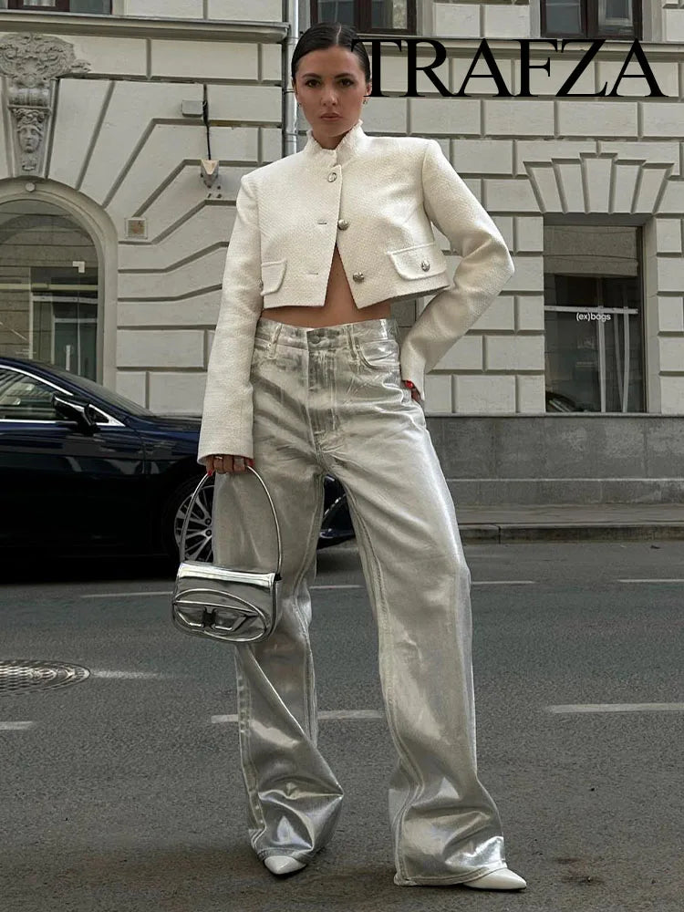Fashion Silver High Waist Cargo Pants Vintage Pocket Decoration Elegant Classic Straight-Leg Pants Fashion Silver High Waist Cargo Pants Vintage Pocket Decoration Elegant Classic Straight-Leg Pants