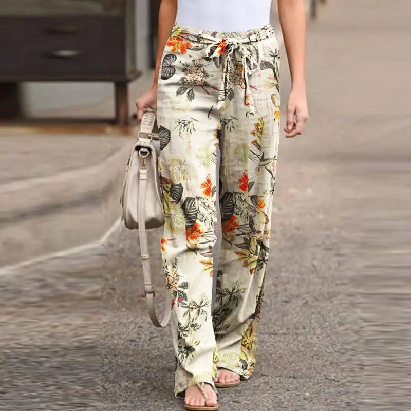 Vintage Printed Women Pants Spring Autumn Fashion Drawstring Wide Leg Elastic Classic Bootcut Trousers