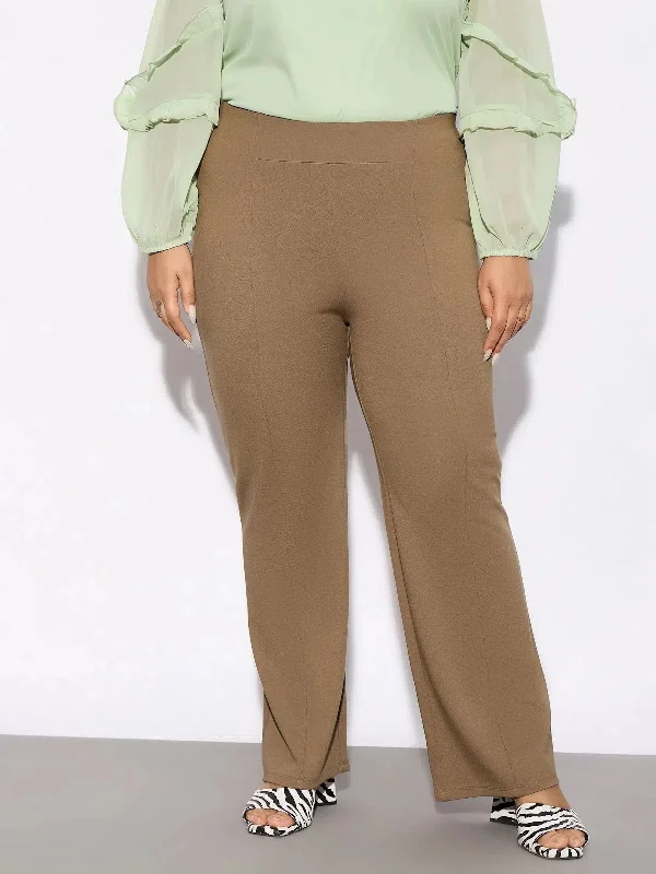 Women Beige Front Seam Straight Pants Casual Lounge Pants