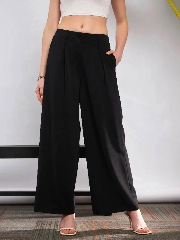 Women Black Front Pleated Loose Fit Korean Pants Comfy Zip-Up Pants