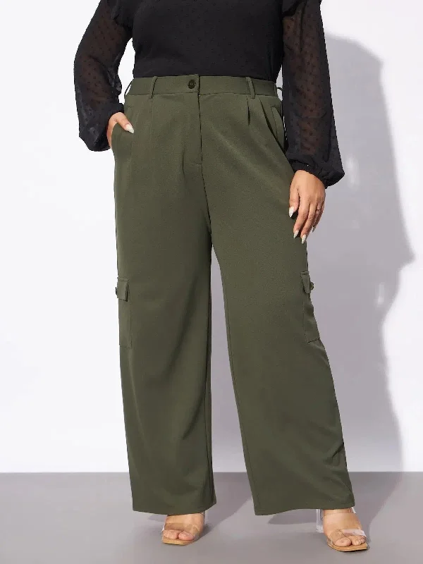Women Olive Multi Pockets Cargo Pants Classic Cropped Pants