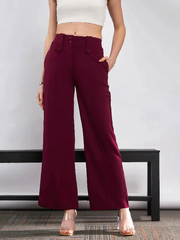 Women Red Double Button Waist Straight Pants Casual Track Pants