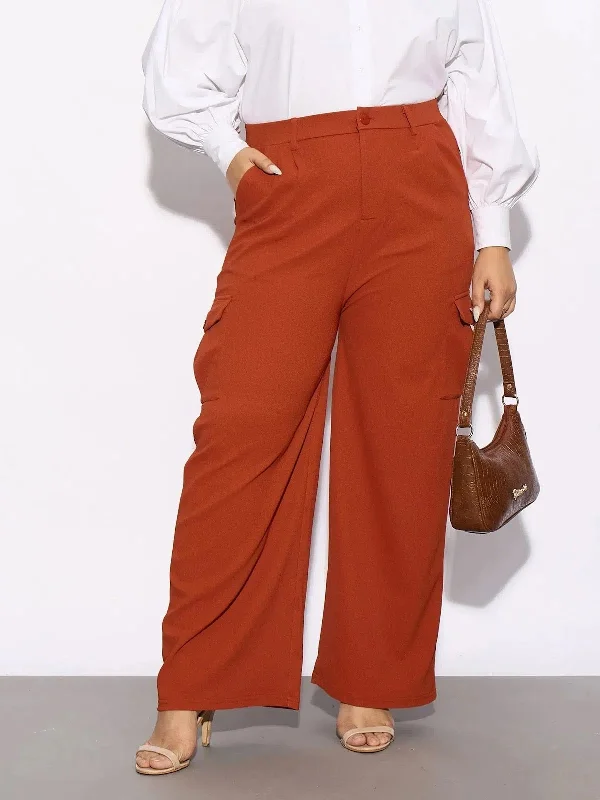 Women Rust Pleated Detail Straight Pants High-Waist Yoga Pants