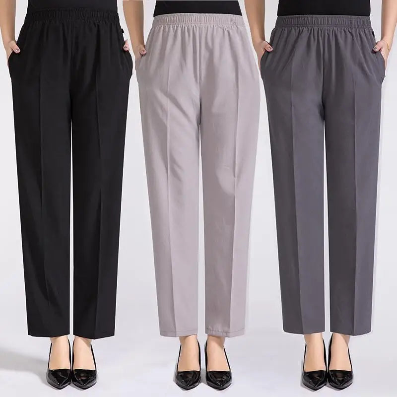 Women Summer Silk Comfortable High Waist Elastic Long Ladies Pants Formal Wide-Leg Pants Women Summer Silk Comfortable High Waist Elastic Long Ladies Pants Formal Wide-Leg Pants