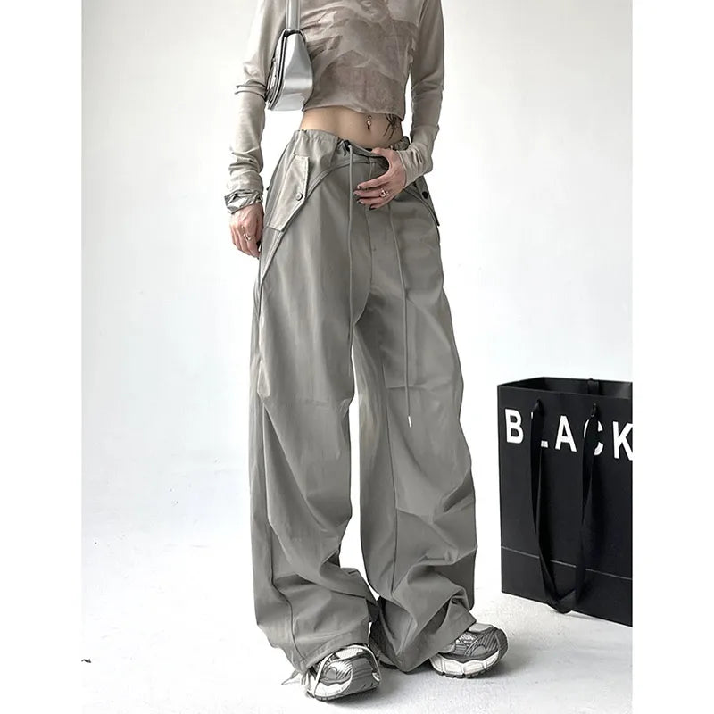 Women's Grey Drawstring Cargo Pants Fashion Y2k High Waist Pocket Straight Pants Elegant Silk Pants Women's Grey Drawstring Cargo Pants Fashion Y2k High Waist Pocket Straight Pants Elegant Silk Pants